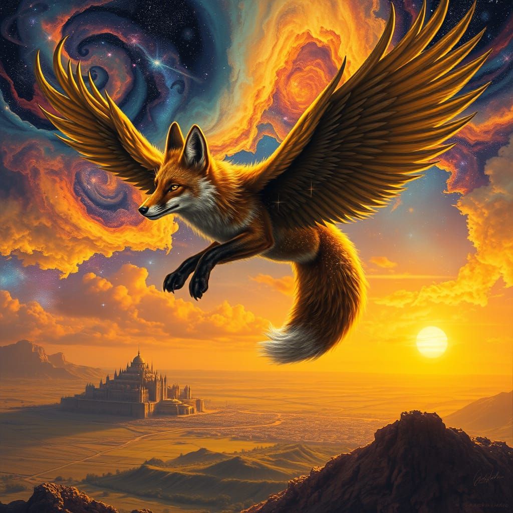 Winged Fox Soaring Through Starry Sky