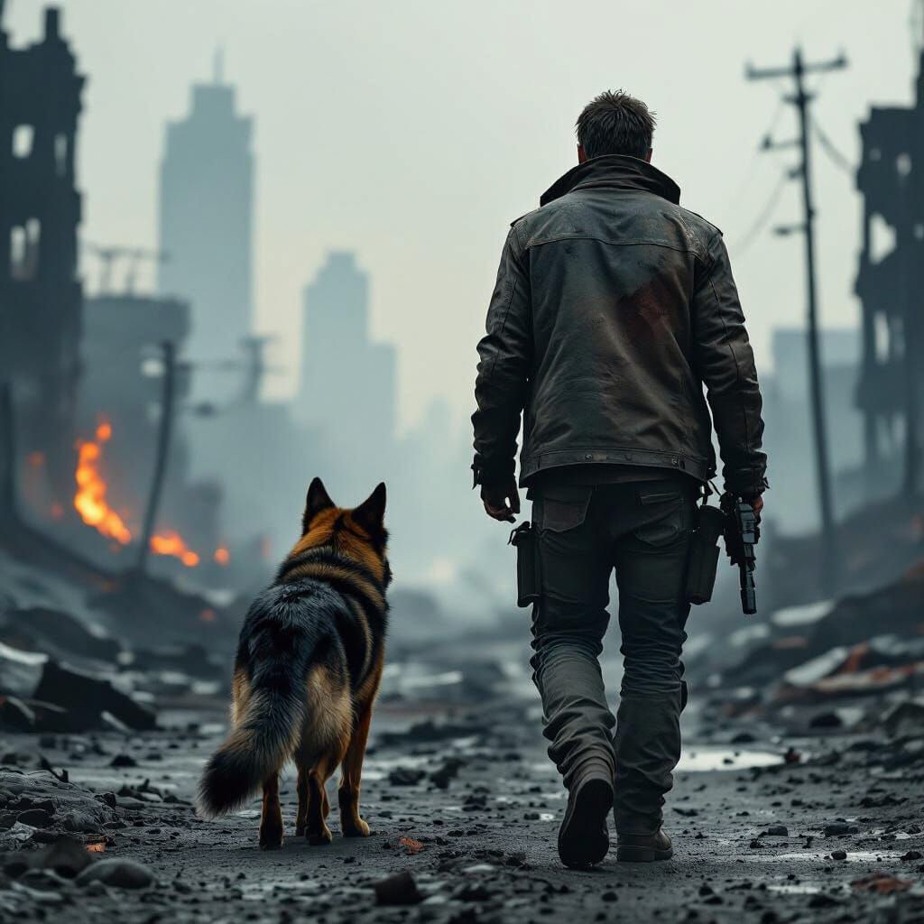 Post-Apocalyptic Wanderer with Dog in Ruined City