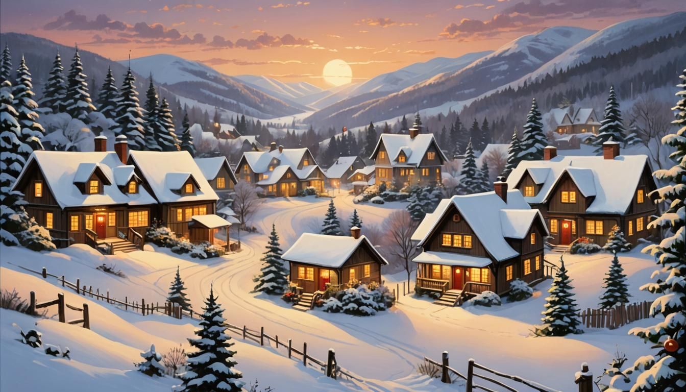 Cozy Holiday Village Illustration at Dusk