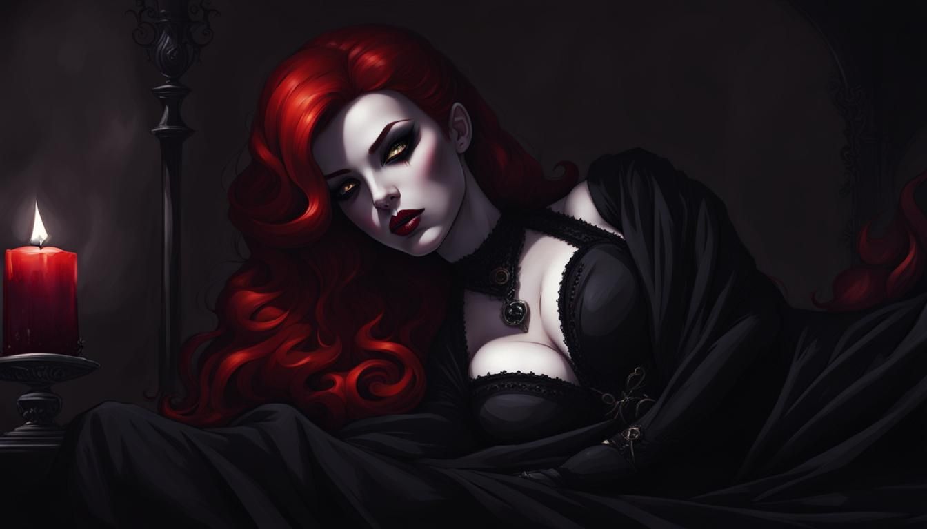 Redhead Vampire in Bed: Gothic Comic Art