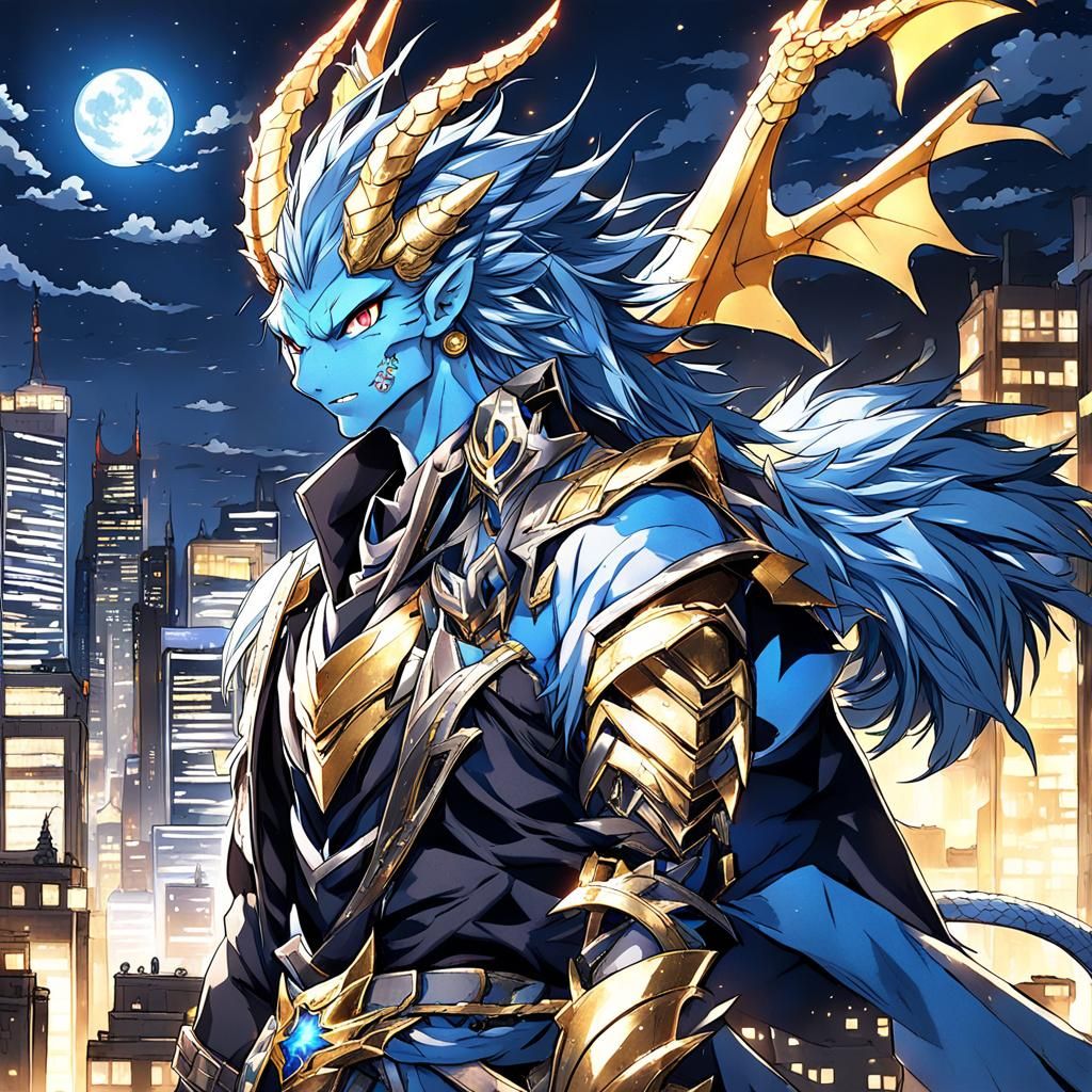 Anime Dragonman Watching City at Night