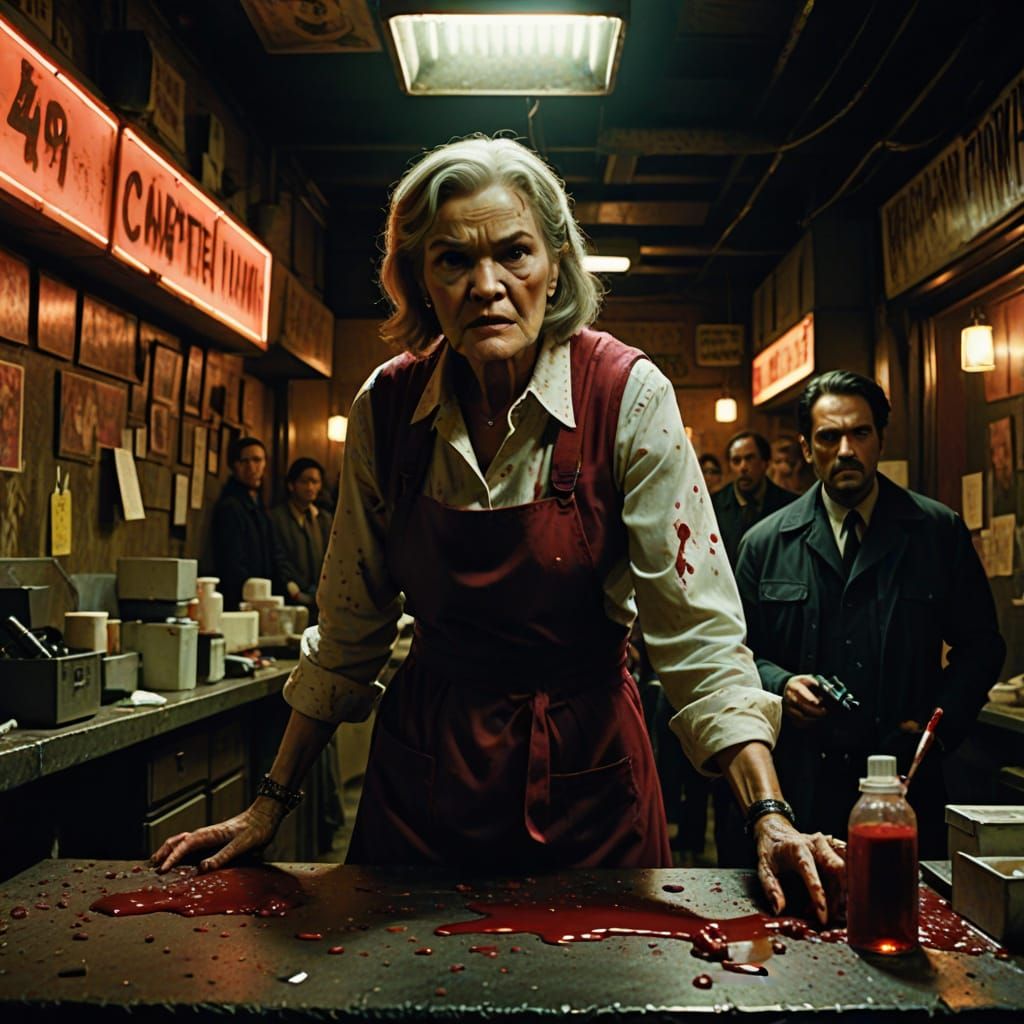 Gritty Neo-Noir Film Still with Intense Crime Scene