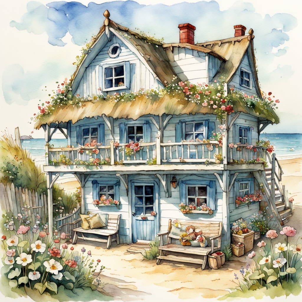 Charming Beach Huts in Vibrant Watercolour Style