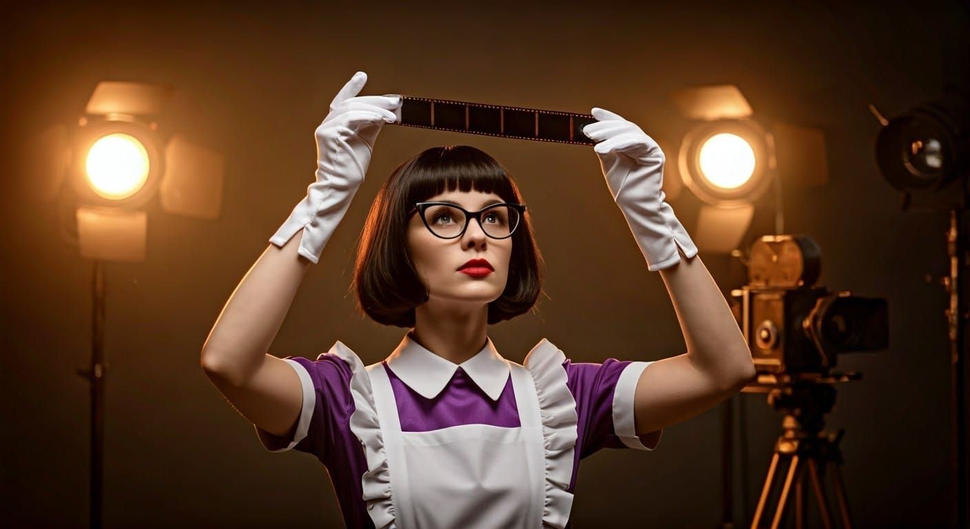 Woman Examines Film Strip in Noir Style