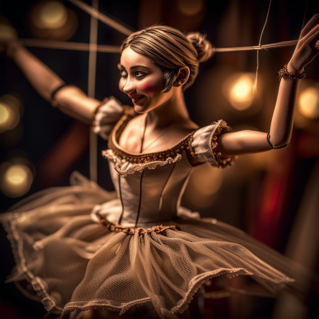 A dancing ballerina puppet with strings. Smiling.