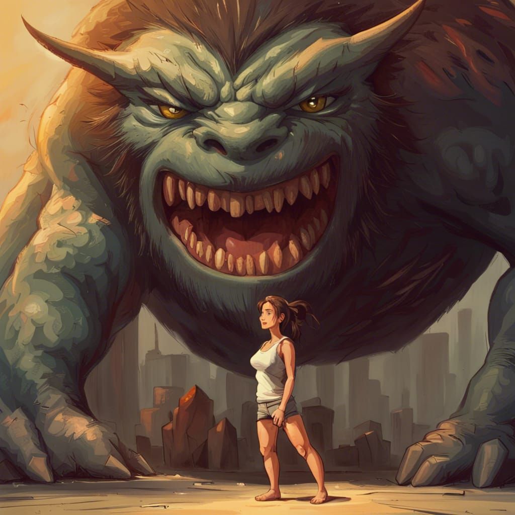 Heroic Woman Lifts Giant Monster Overhead