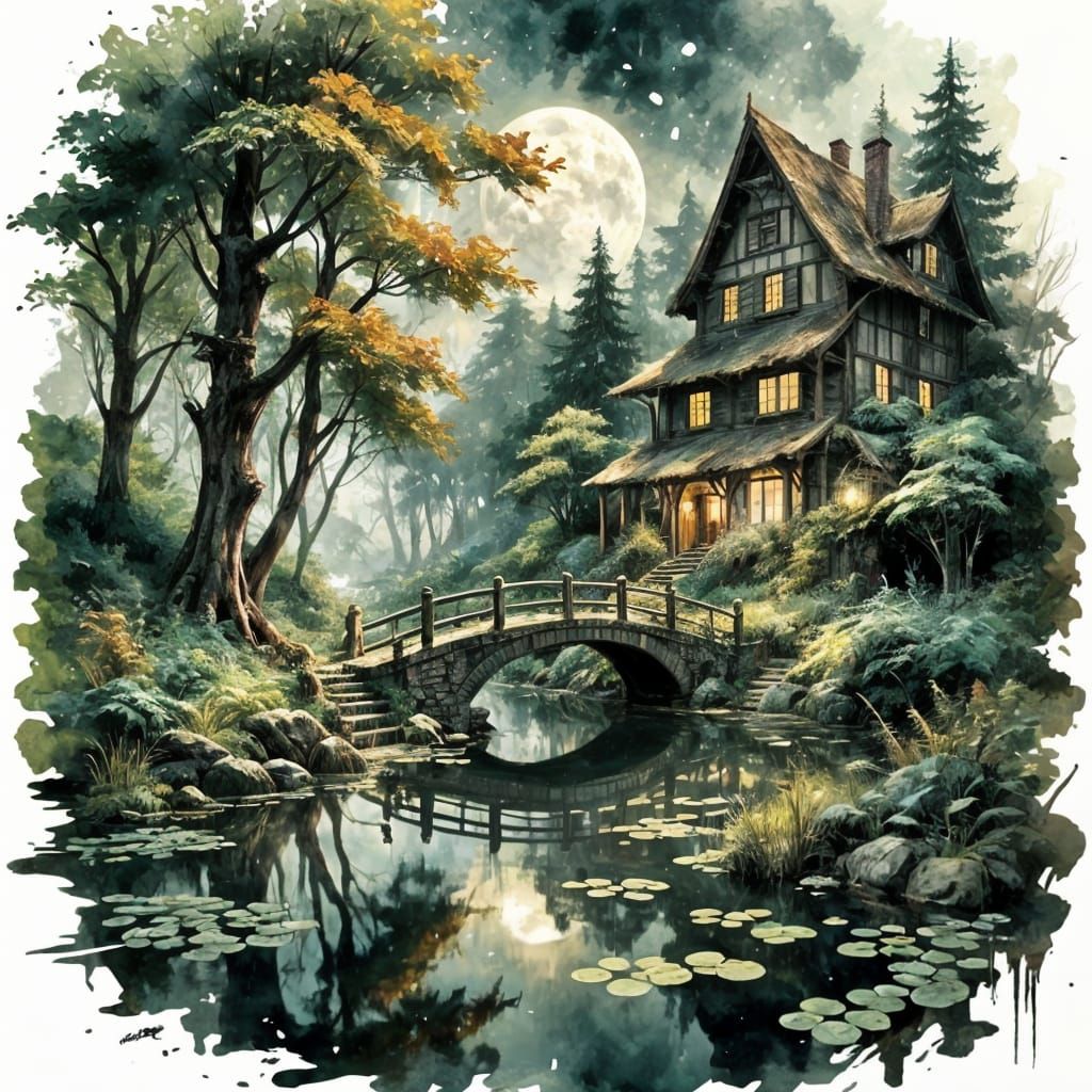 Weathered Fantasy Bridge to Charming Cottage in Enchanted Fo...