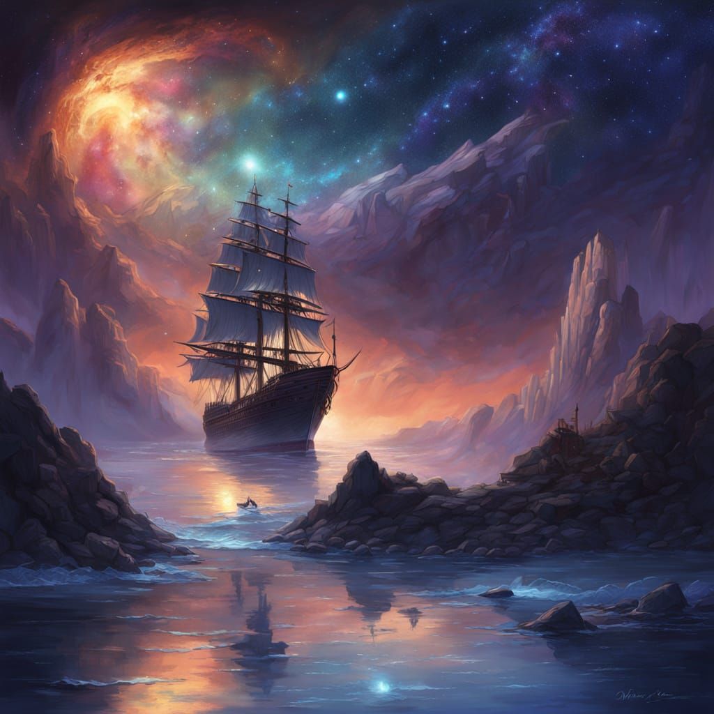 Majestic Sailing Ship Under Cosmic Sunset Sky