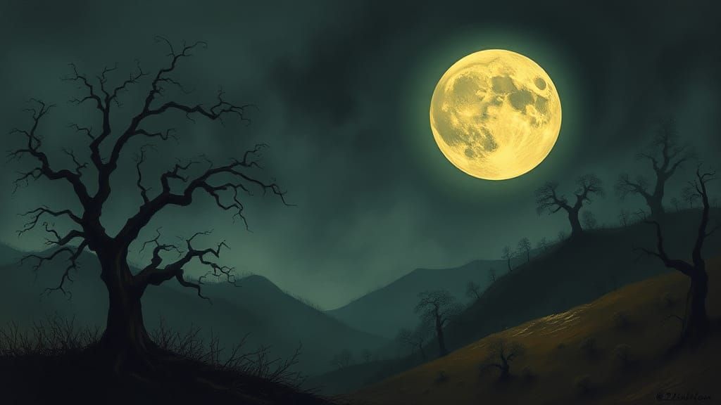 Eerie Moonlit Landscape in Dark Romantic Style