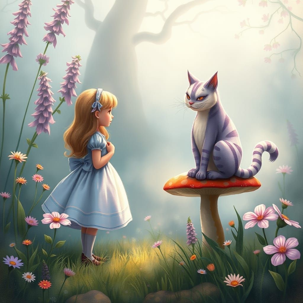 Alice in Enchanted Meadow, Whispering Secrets with the Chesh...