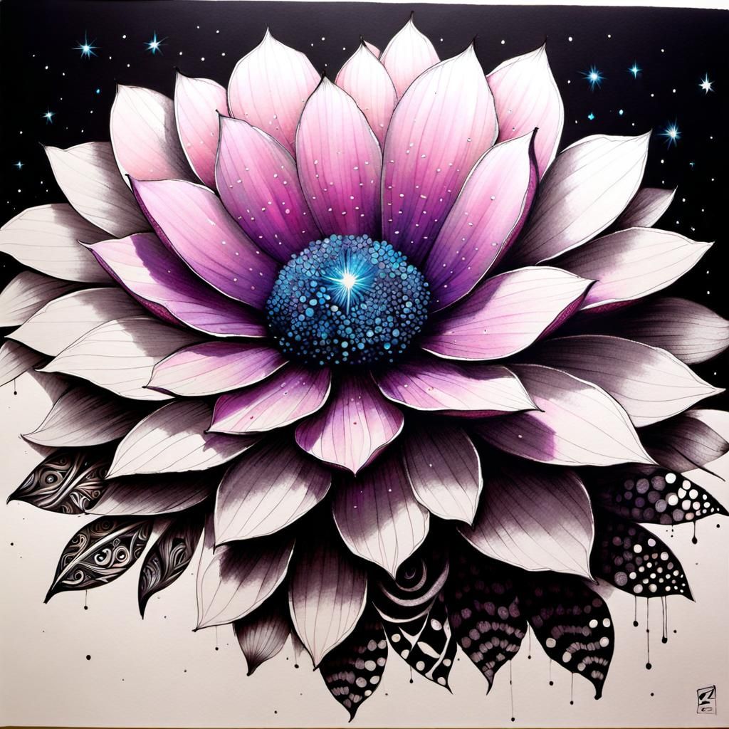 Zentangle Flower Cityscape with Starry Elements