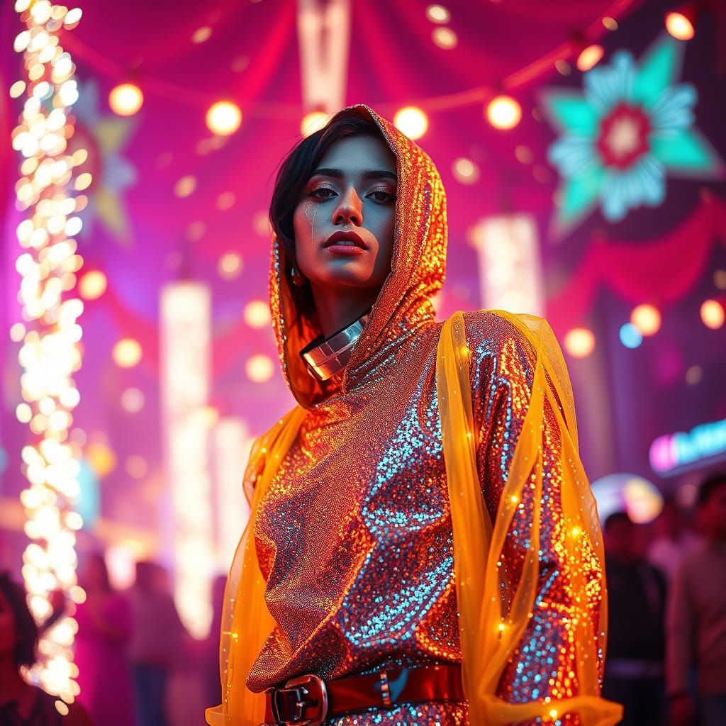 Glittering Figure in Dreamlike, Vibrant Environment