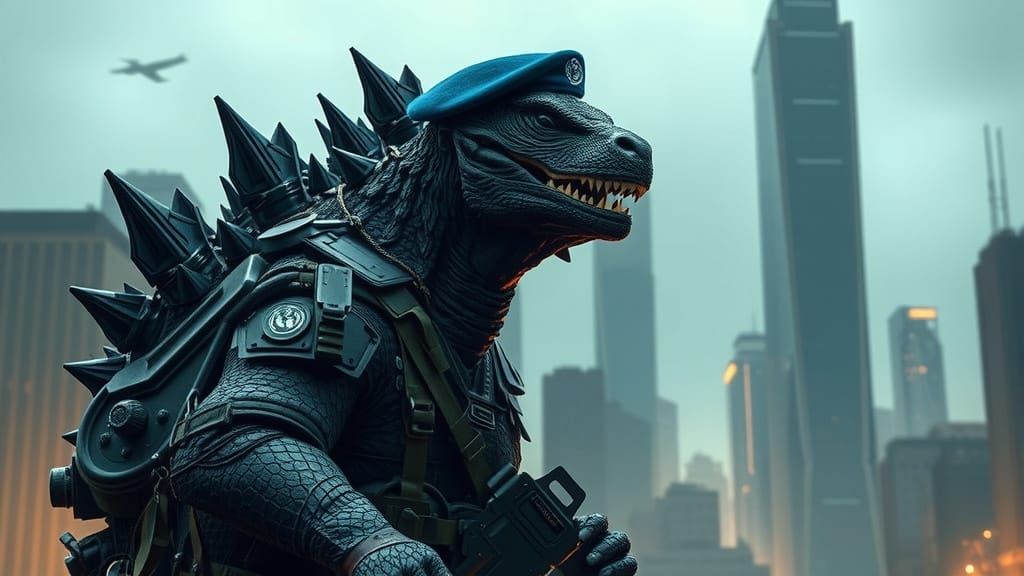 Godzilla Joins UN Peacekeepers in Dystopian City