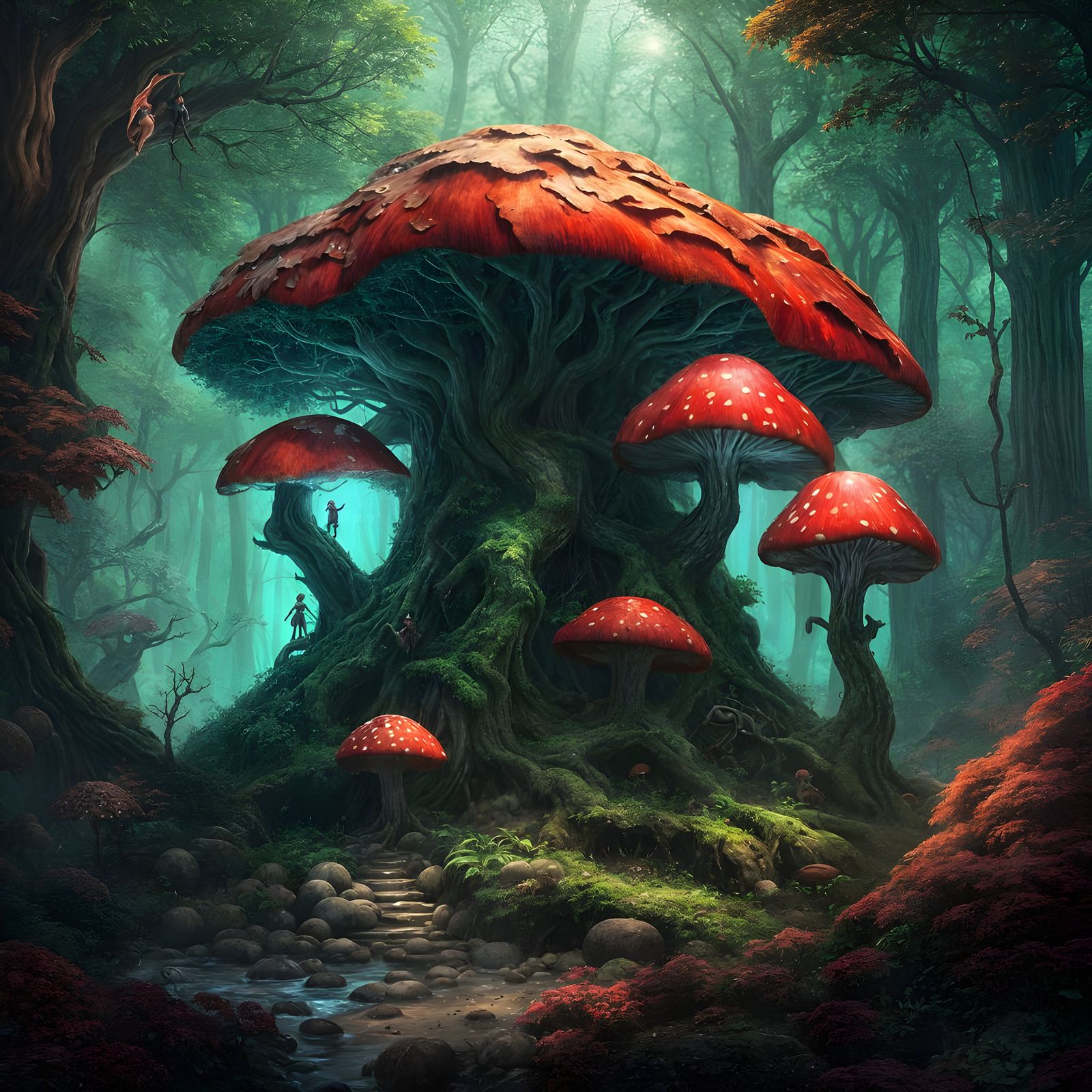 Enchanted Forest With Red Mushrooms, Fairies, and Trolls