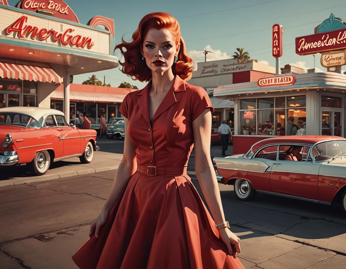 Retro Pop Art Woman in Red at Diner