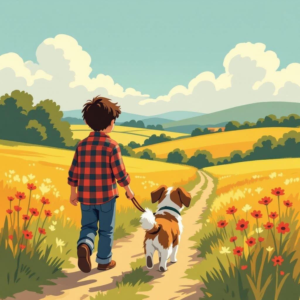 Boy and Dog Walk in Whimsical Countryside