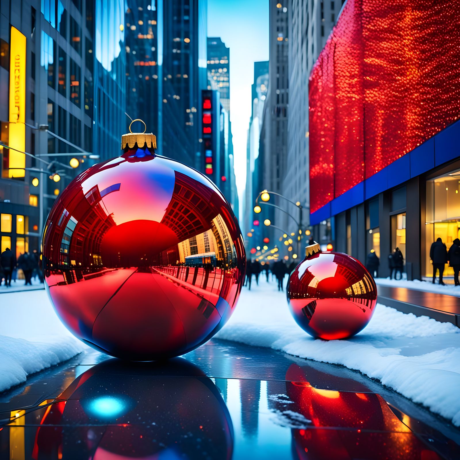 Vibrant Winter Baubles Reflecting City Life in a Futuristic...