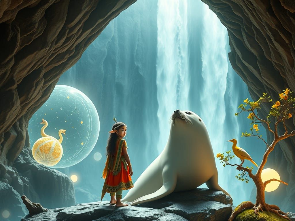 Elf Girl and Seal in Celestial Cave