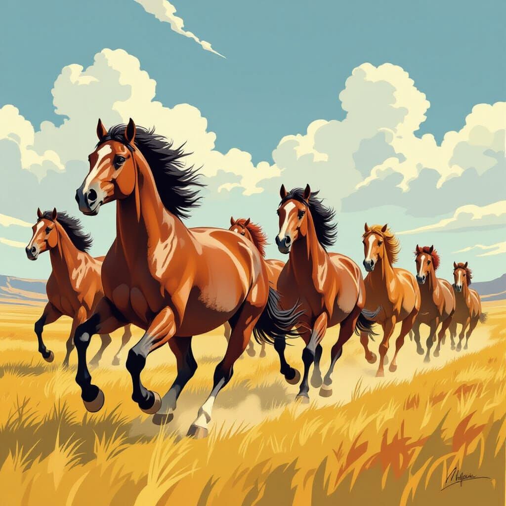 Mustang Horses Galloping in Frank Cho Comic Style