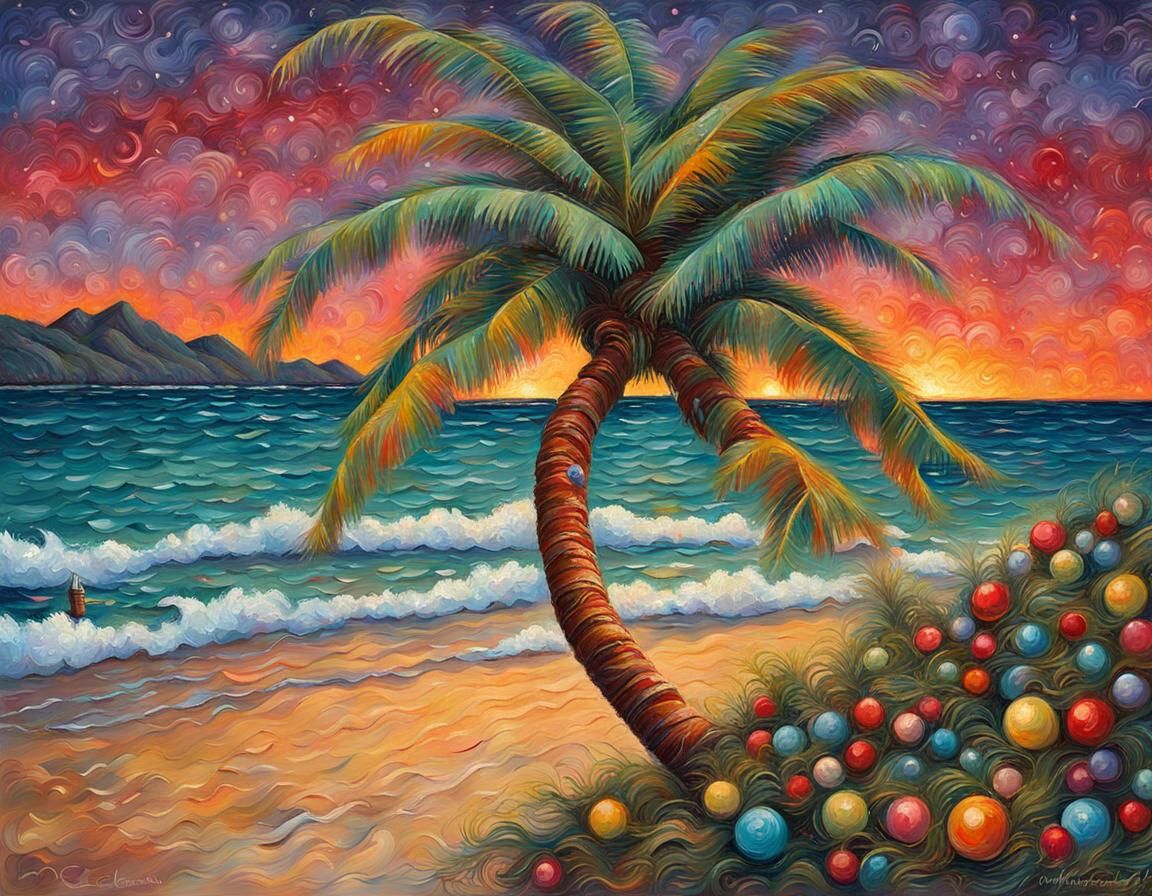 Christmas Palm Tree on Hawaii Beach, Impressionist Painting
