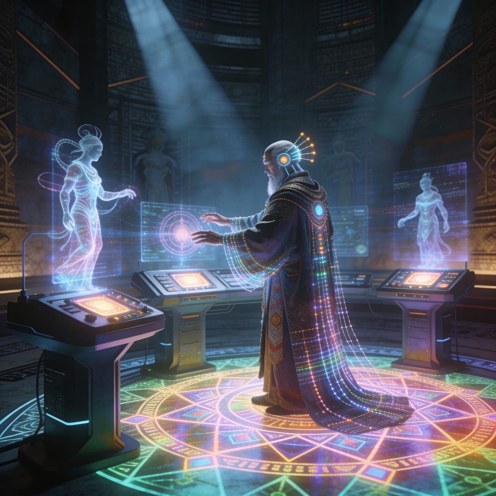 Digital Shaman Controls Holographic Spirits in Futuristic Ri...
