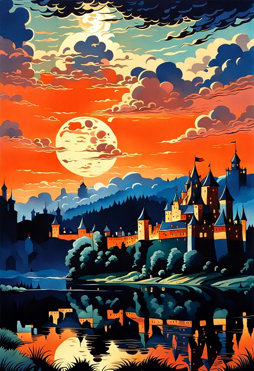 Moonlit Fantasy Castle Reflected: Hyperdetailed Concept Art