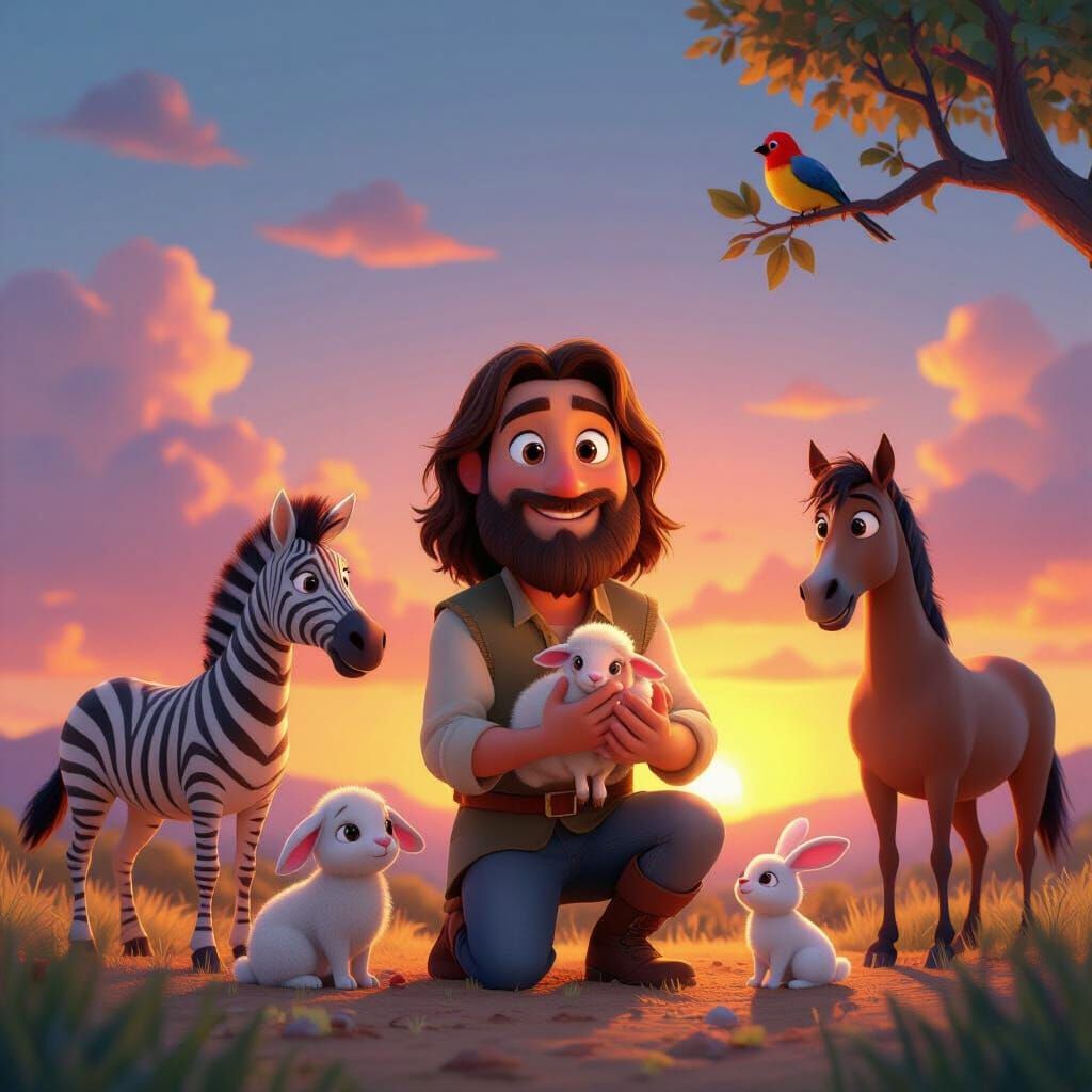 3D Pixar Style Abel Offering Lamb at Sunset