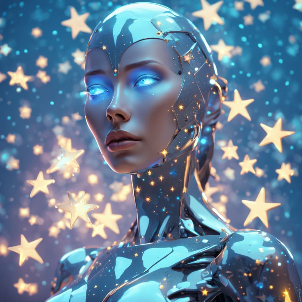 Futuristic Robot Woman with Stars in Art Deco Style