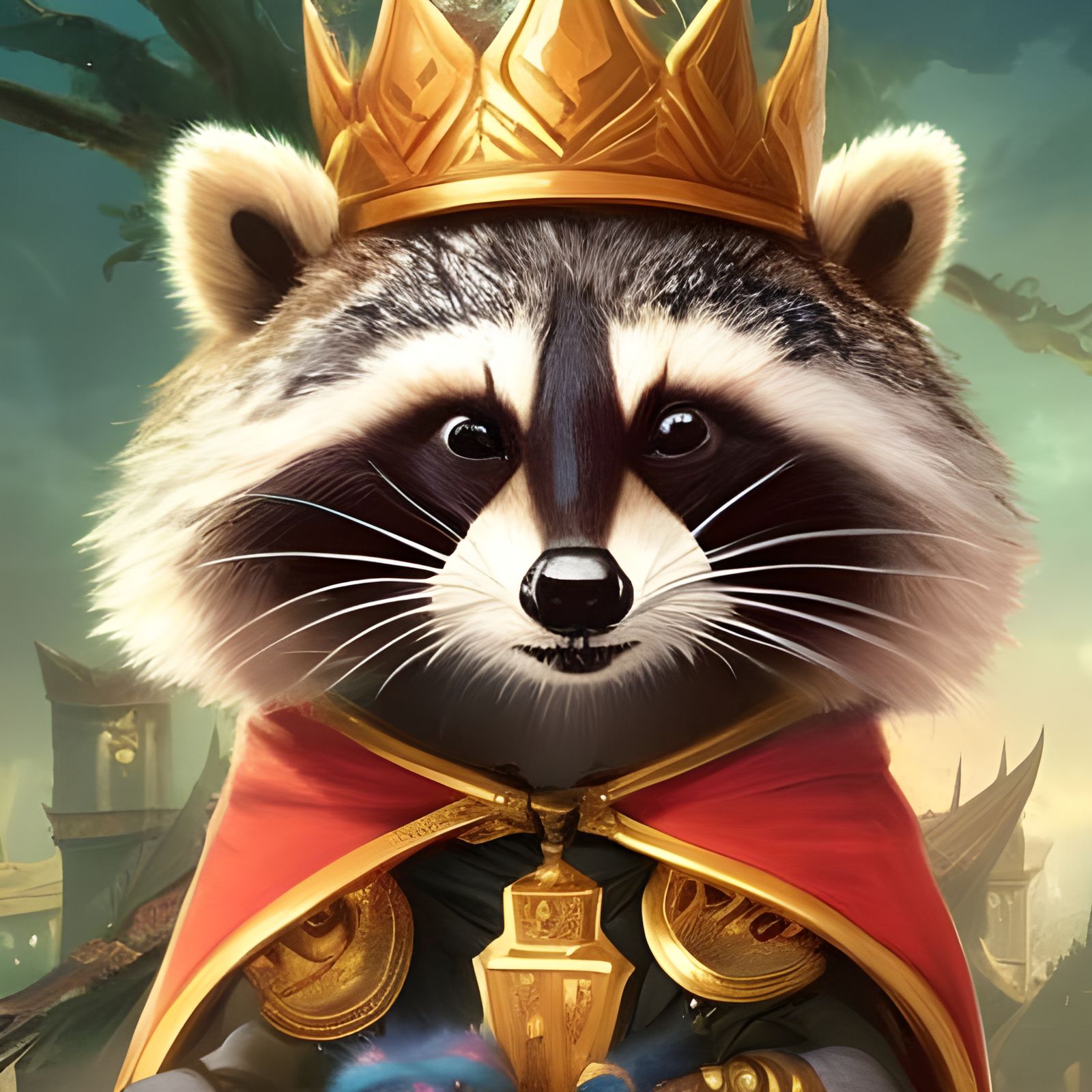 Chibi Raccoon King Portrait in Fantasy Art Style