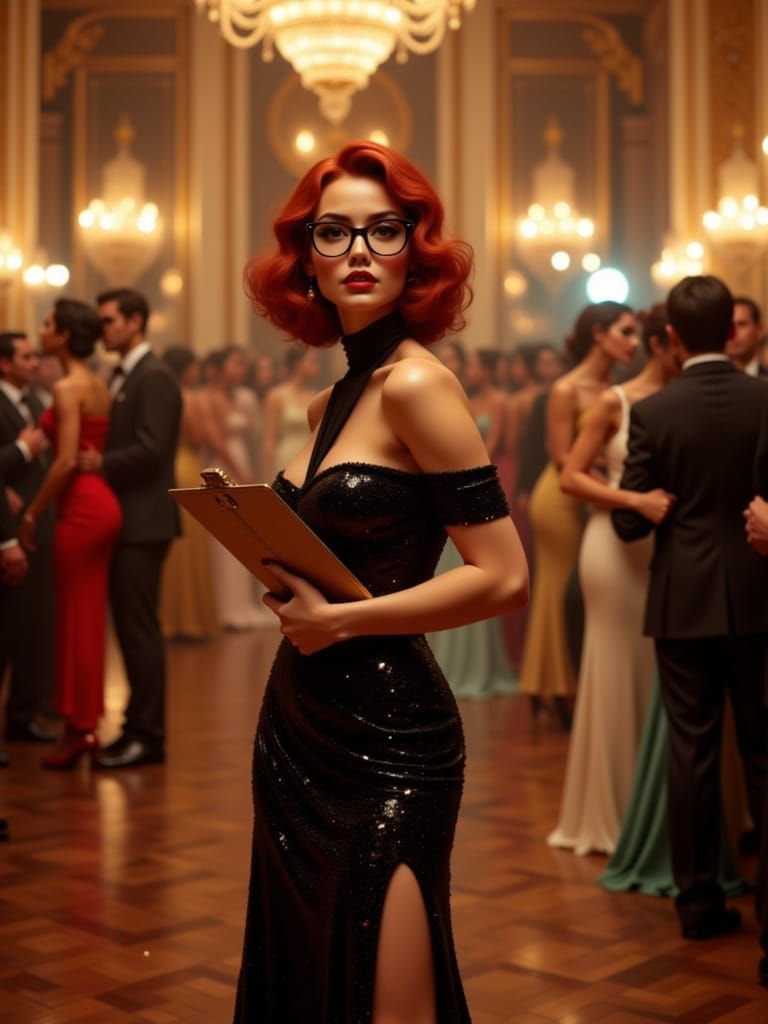Redhead in Sequined Dress Appraises Viewer on Dance Floor