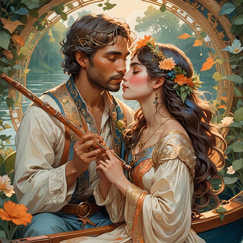Romantic Couple Kissing on Boat in Art Nouveau Style