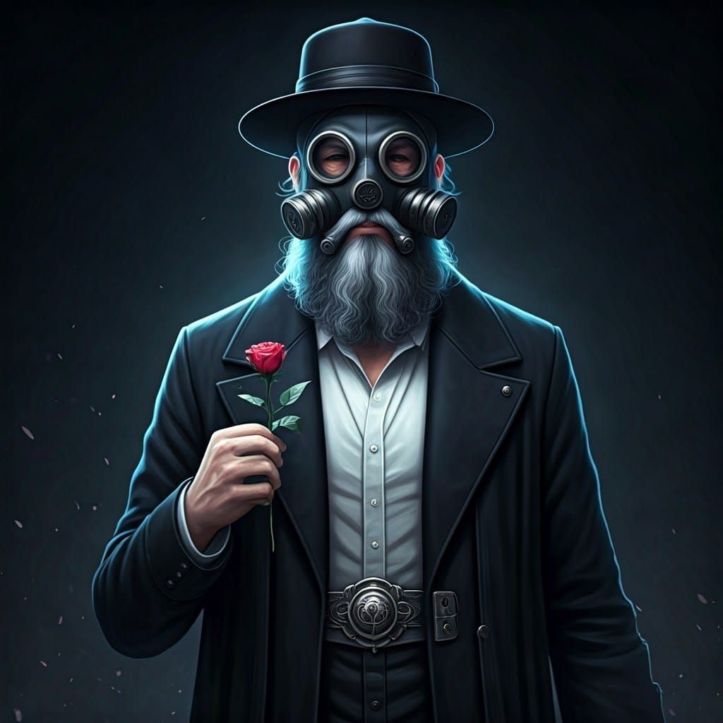 Surreal Rabbi in Gas Mask Holding Rose