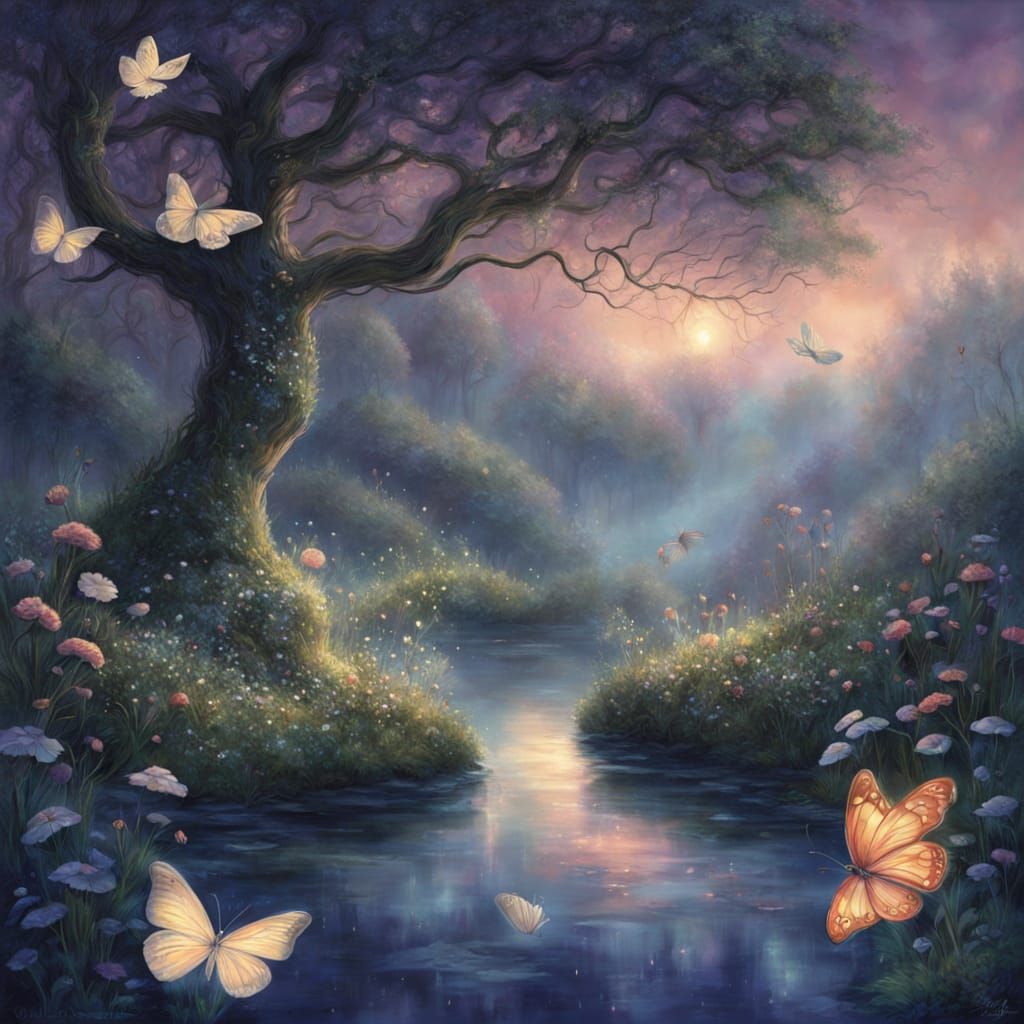 Magical Twilight Garden with Glowing Flowers and Glass Butte...