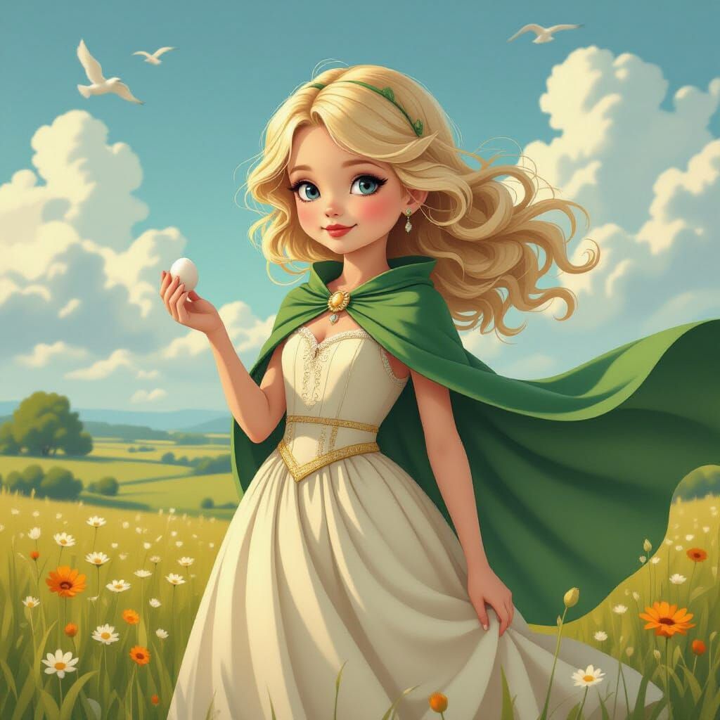 Girl with Bean and Flowing Cape in Whimsical Landscape