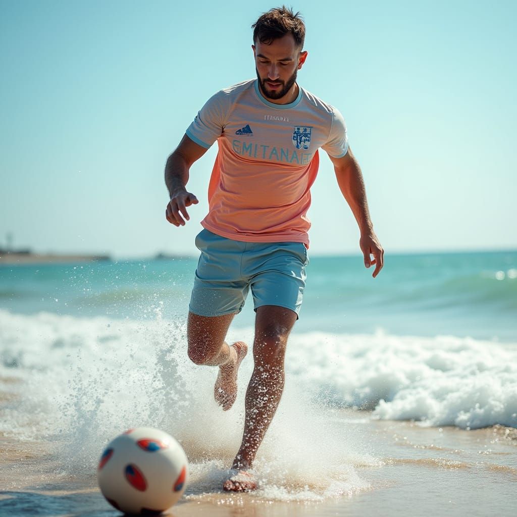 Man Playing Soccer in Sea, Simone Legno Style