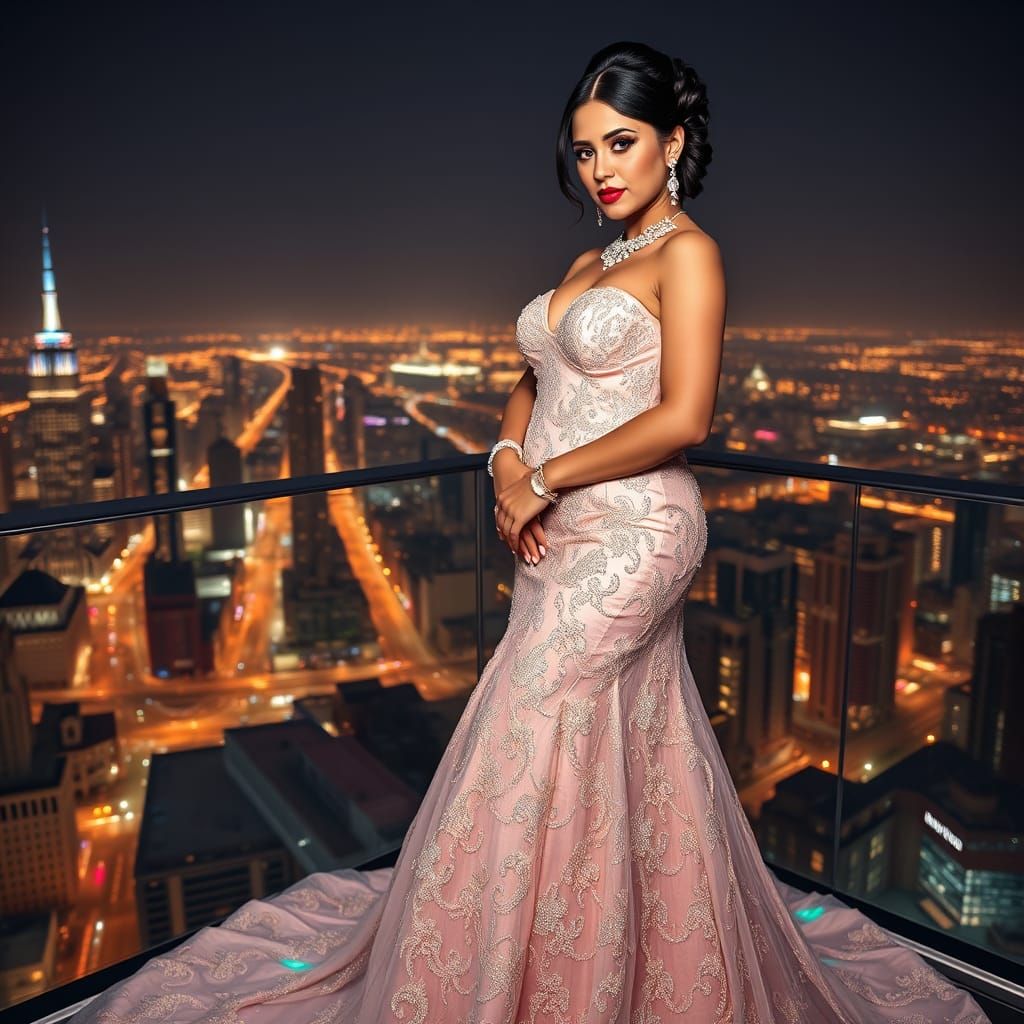 Haute Couture Goddess Overlooks Cityscape in Cyberpunk Splen...