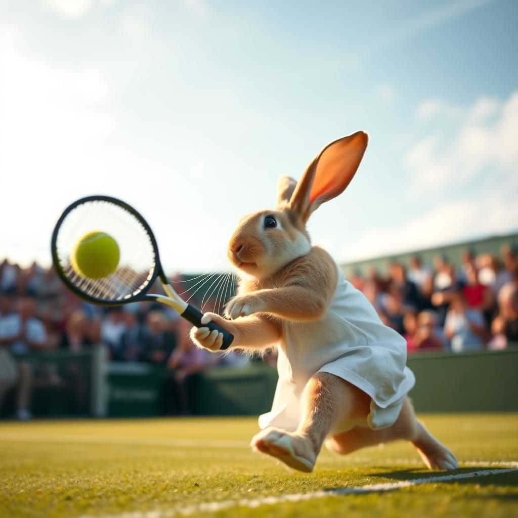 Rabbit Plays Tennis at Wimbledon in Photorealistic Style