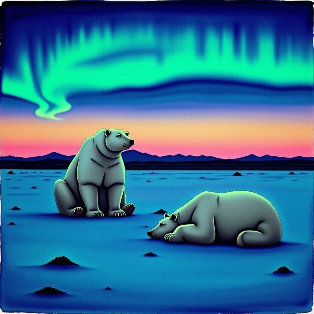Polar Bear Watches Northern Lights Display