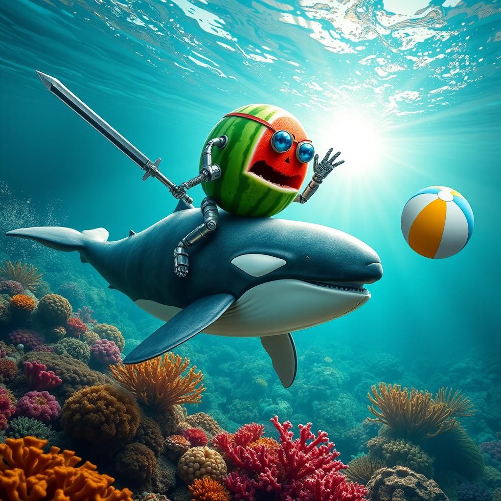Whimsical Watermelon Warrior Rides Whale Underwater