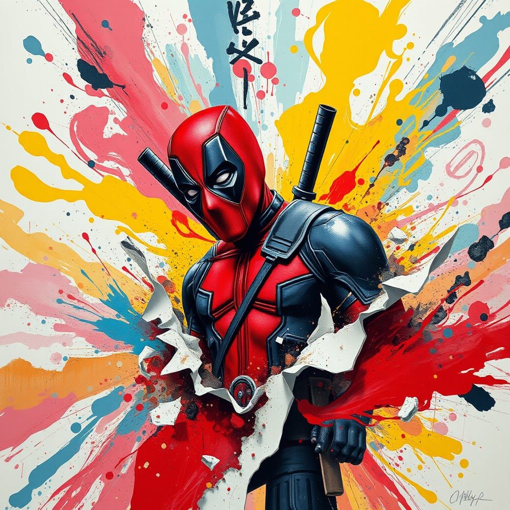 Deadpool Emerges from a Torn Canvas in Vibrant, Impressionis...