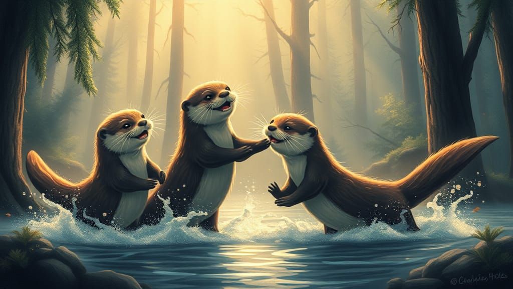 Playful Otters in Misty Forest, Mixed Media