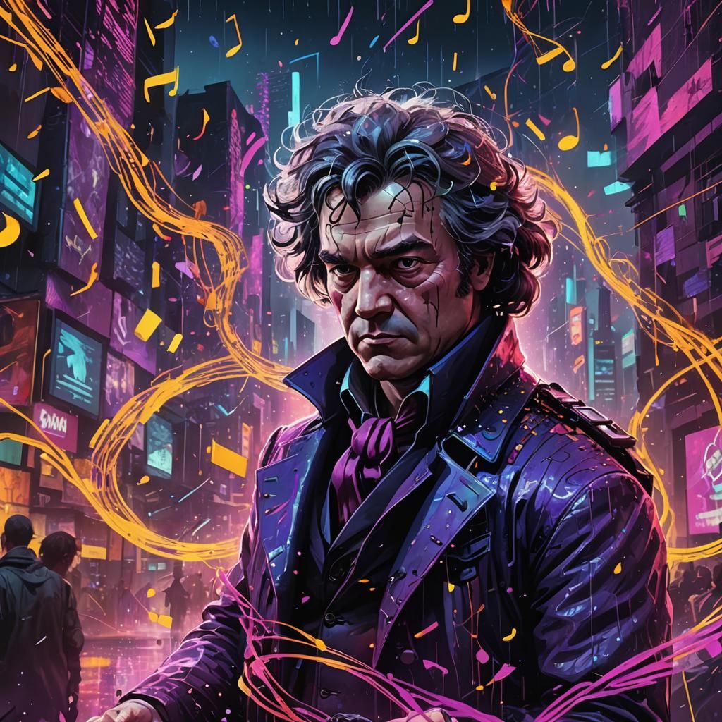 Cyberpunk Beethoven in Futuristic Cityscape