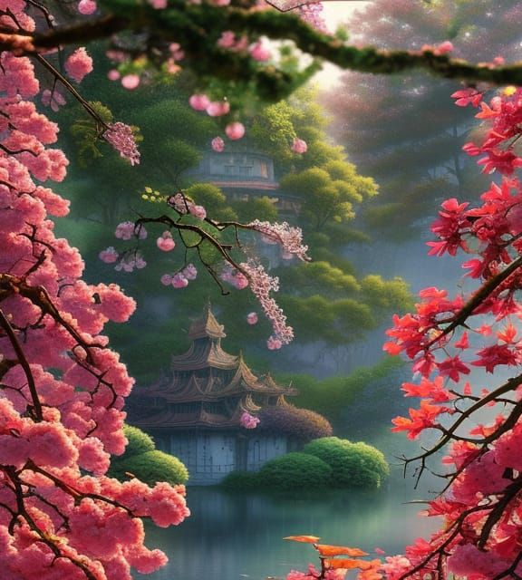 Sakura Plum Tree Concept Art with Water and Overgrowth