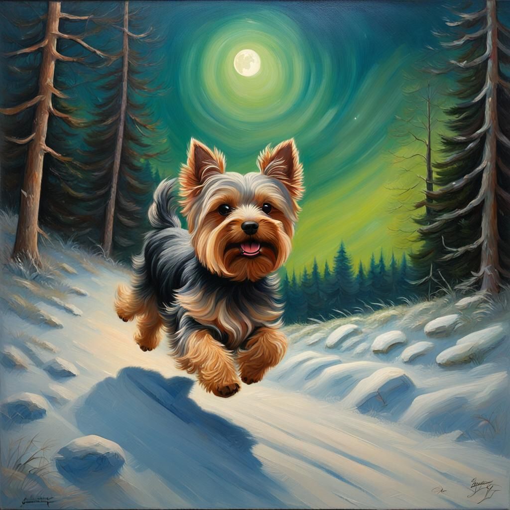 Yorkshire Terrier Chase Under Northern Lights, Oil Painting