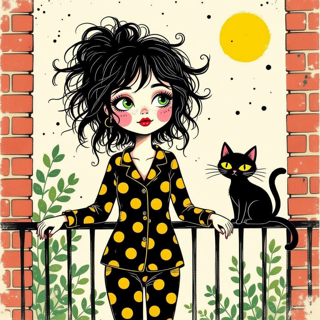 Teenager Girl and Cat on Balcony in Ink and Bleach Style
