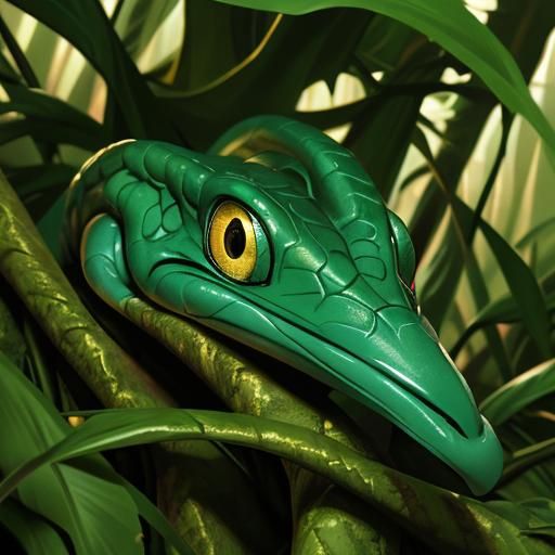 Glistening Snake Emerges from Jungle Floor as Oil Painting