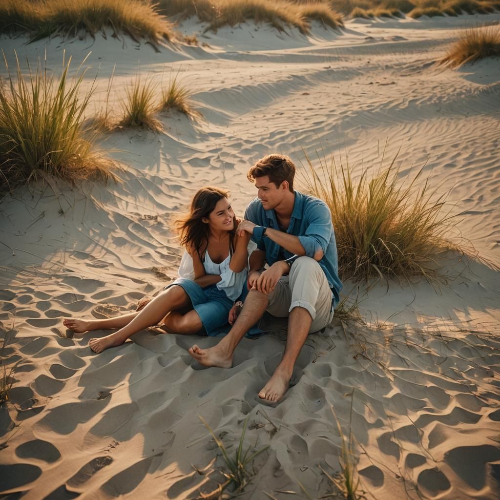 Teenage Couple Daydreaming on the Beach at Sunset