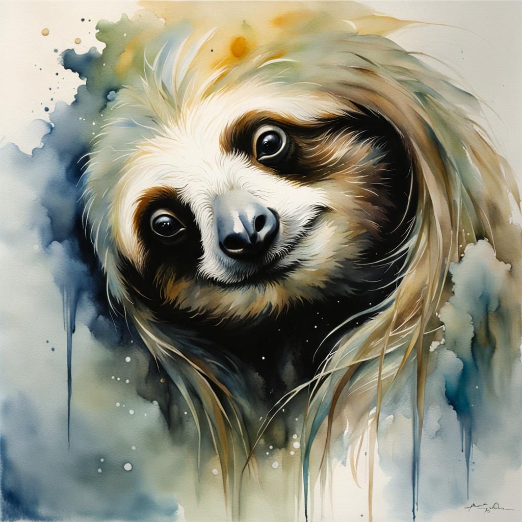 Dreamy Sloth Floating in Heaven as Watercolor