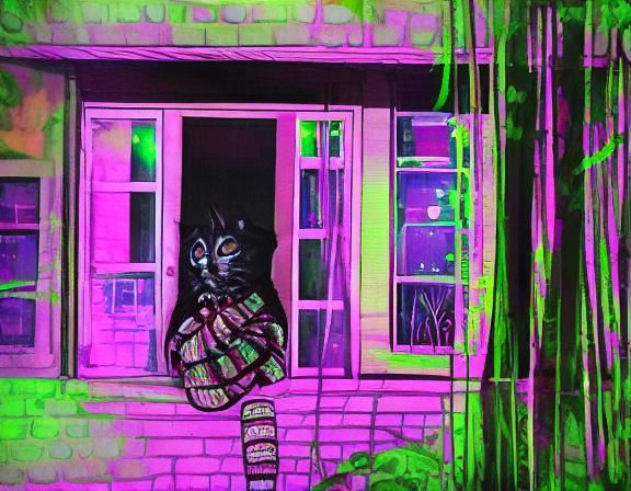 Girl with Kittens on Porch in Watercolor Style