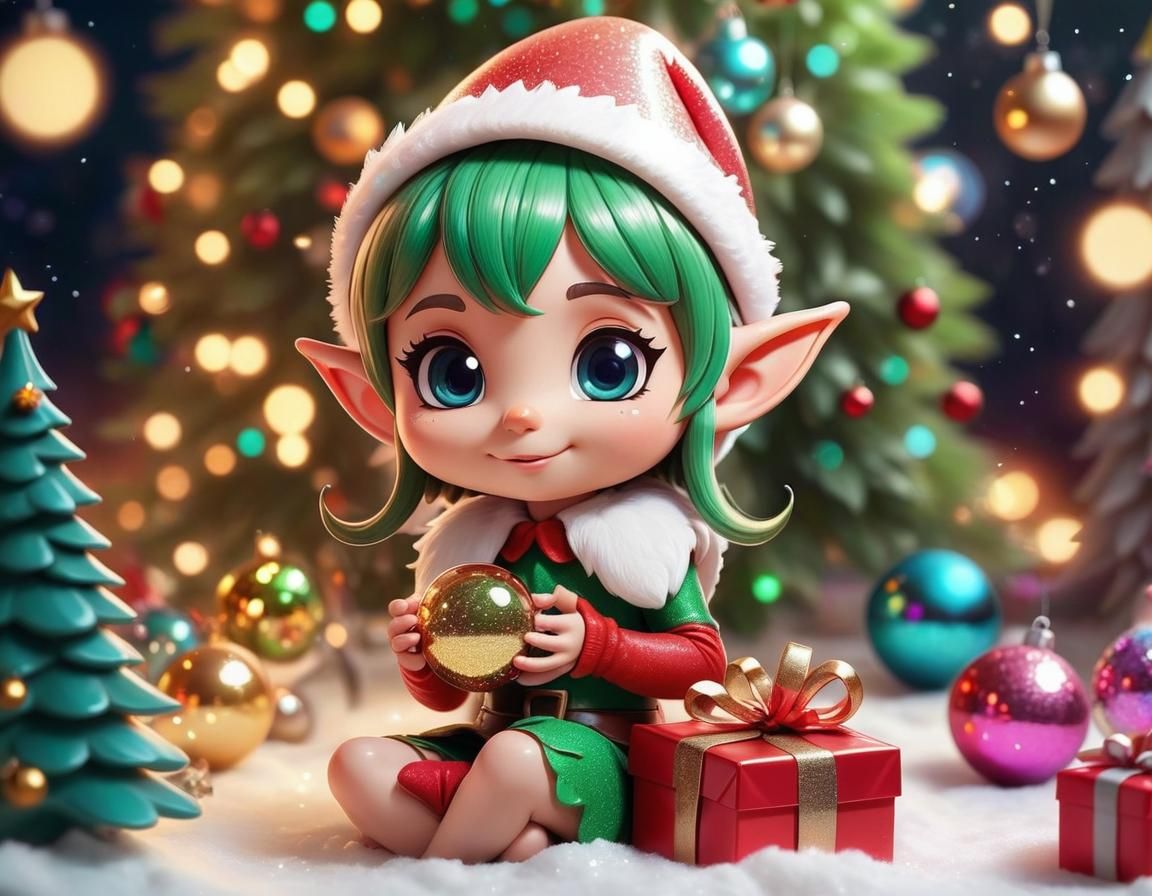 Cute Chibi Elf with Glitter Christmas Tree